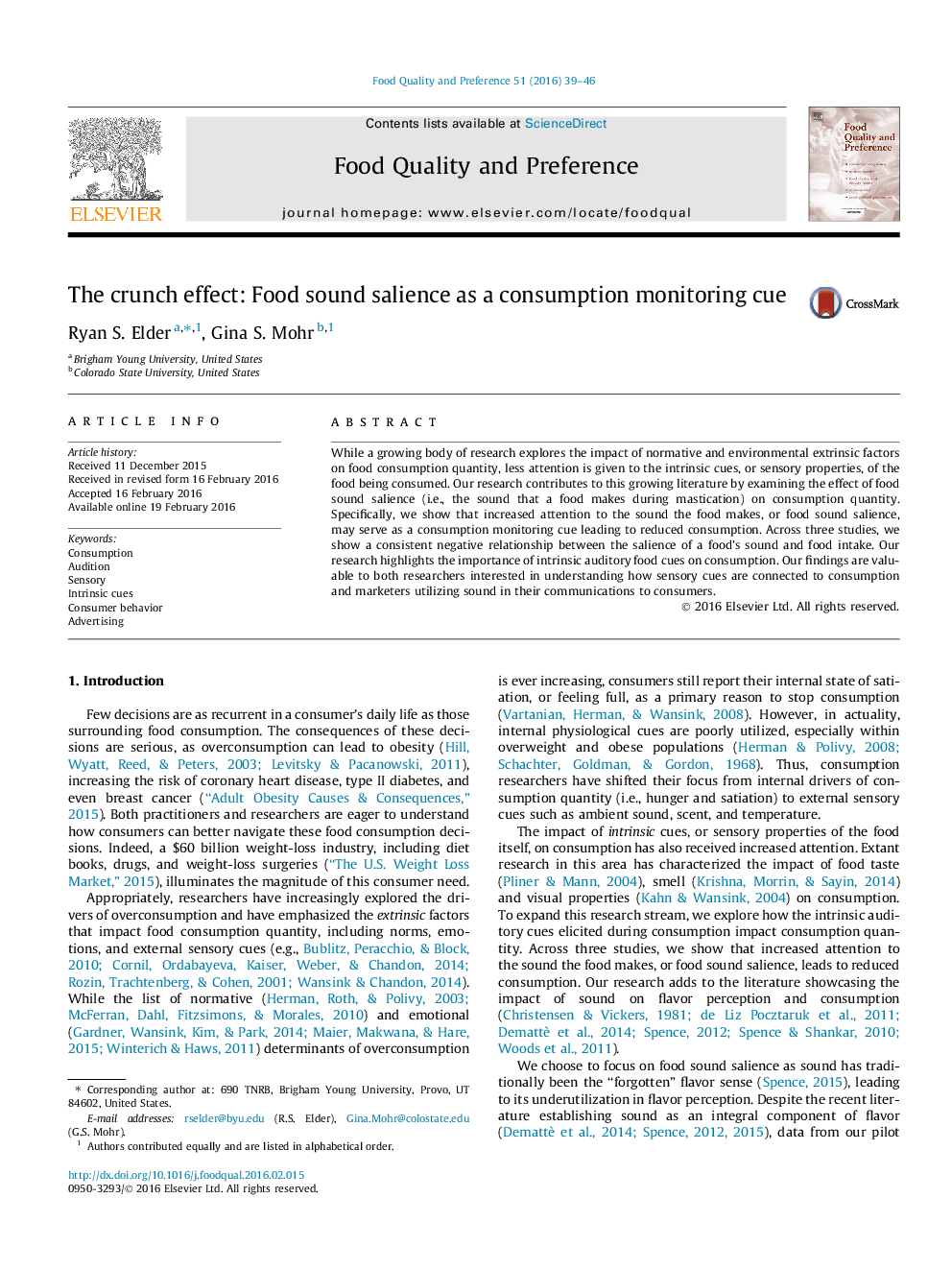 The crunch effect: Food sound salience as a consumption monitoring cue