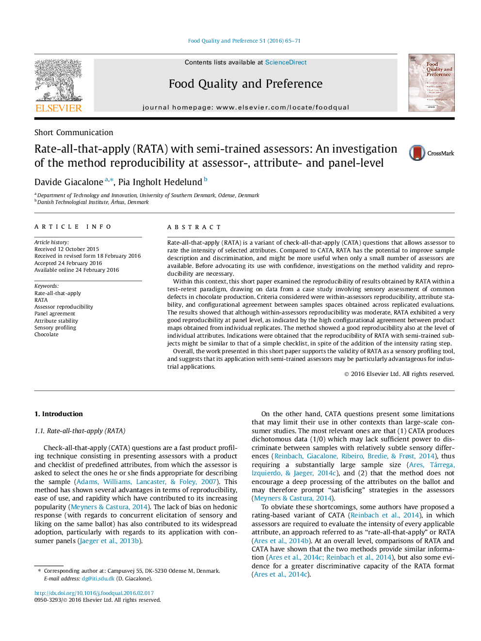 Rate-all-that-apply (RATA) with semi-trained assessors: An investigation of the method reproducibility at assessor-, attribute- and panel-level