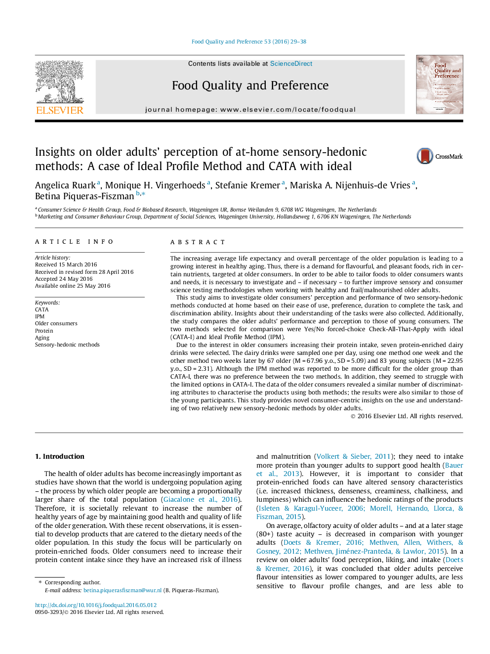 Insights on older adults’ perception of at-home sensory-hedonic methods: A case of Ideal Profile Method and CATA with ideal