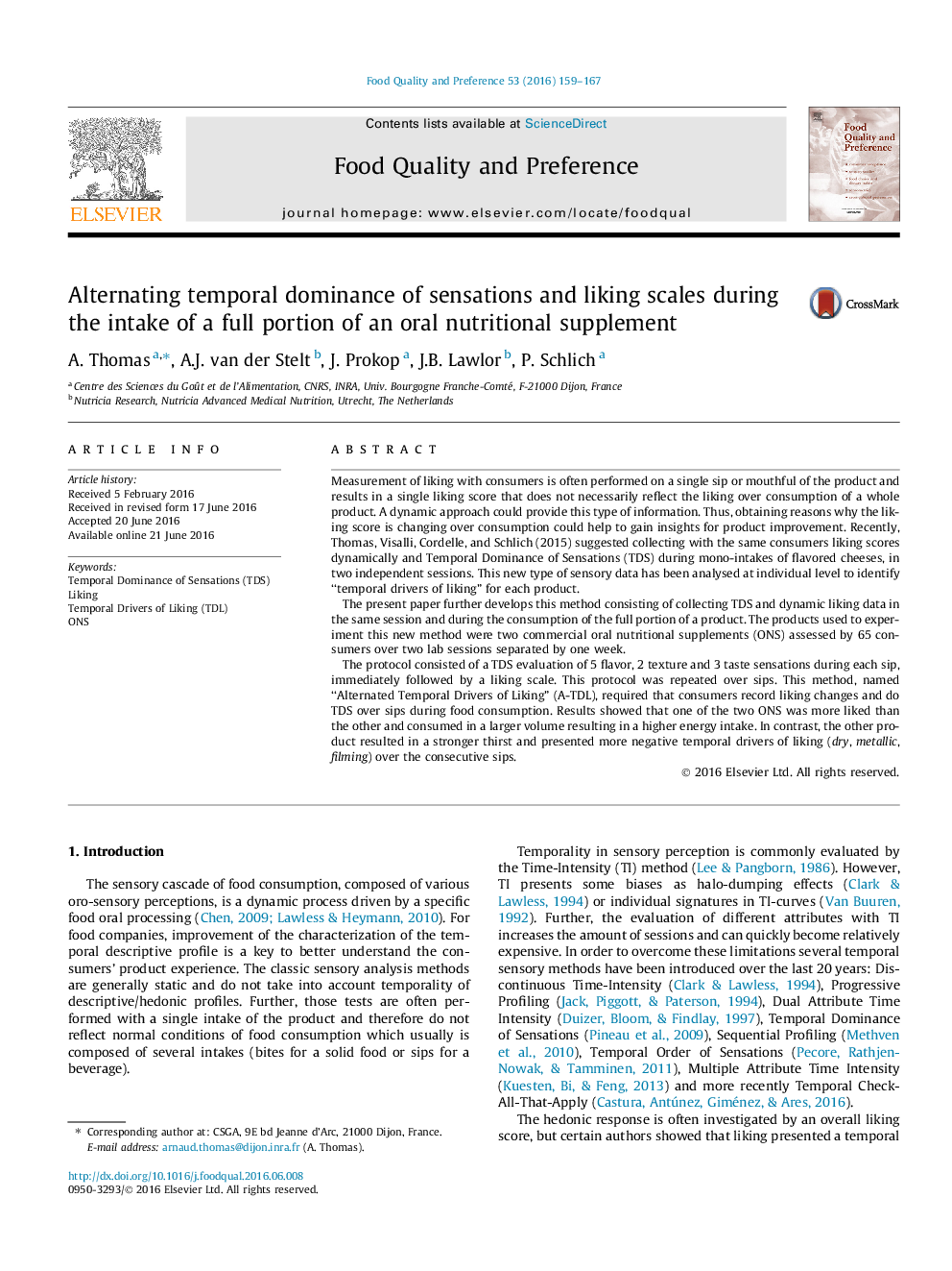 Alternating temporal dominance of sensations and liking scales during the intake of a full portion of an oral nutritional supplement