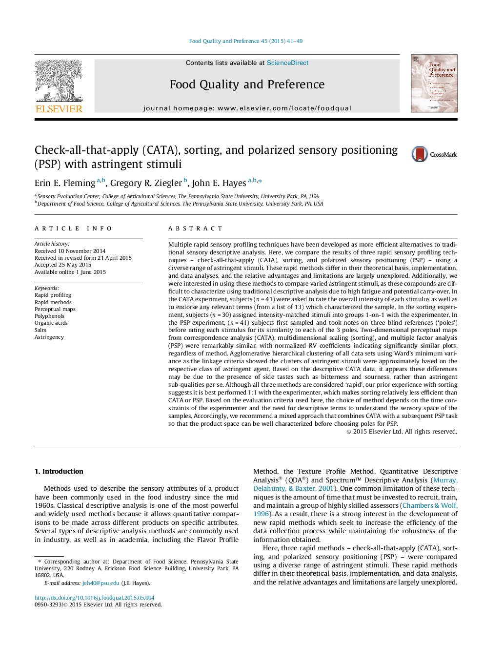 Check-all-that-apply (CATA), sorting, and polarized sensory positioning (PSP) with astringent stimuli