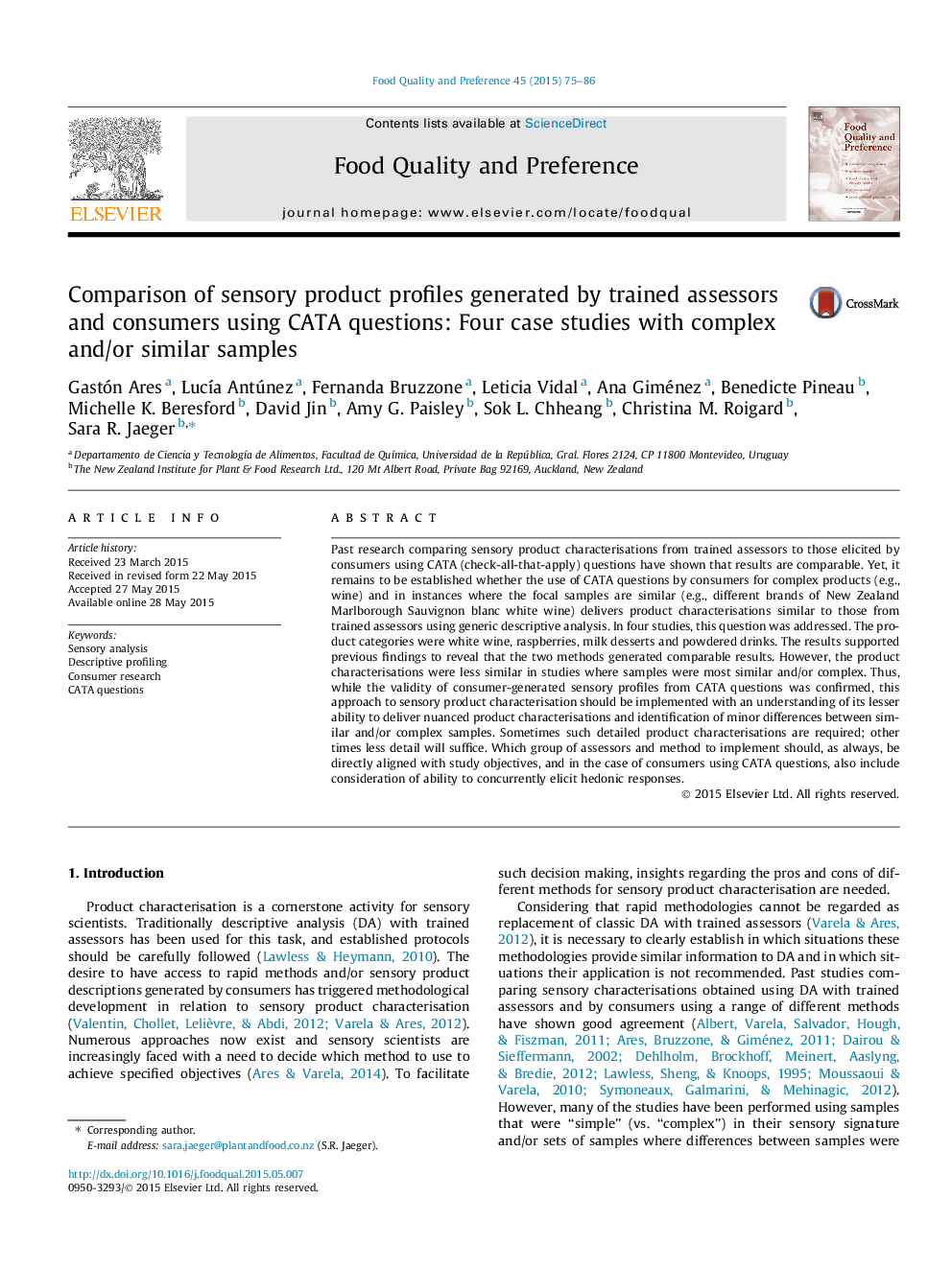 Comparison of sensory product profiles generated by trained assessors and consumers using CATA questions: Four case studies with complex and/or similar samples