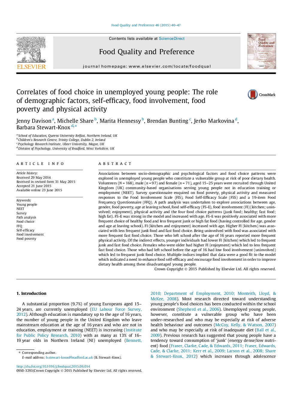 Correlates of food choice in unemployed young people: The role of demographic factors, self-efficacy, food involvement, food poverty and physical activity