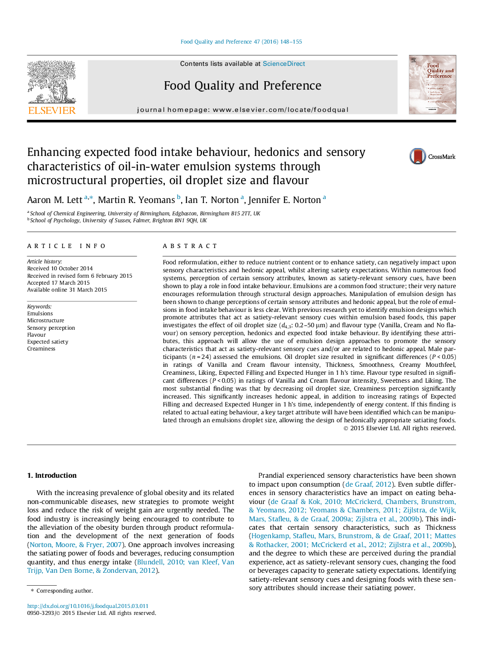 Enhancing expected food intake behaviour, hedonics and sensory characteristics of oil-in-water emulsion systems through microstructural properties, oil droplet size and flavour