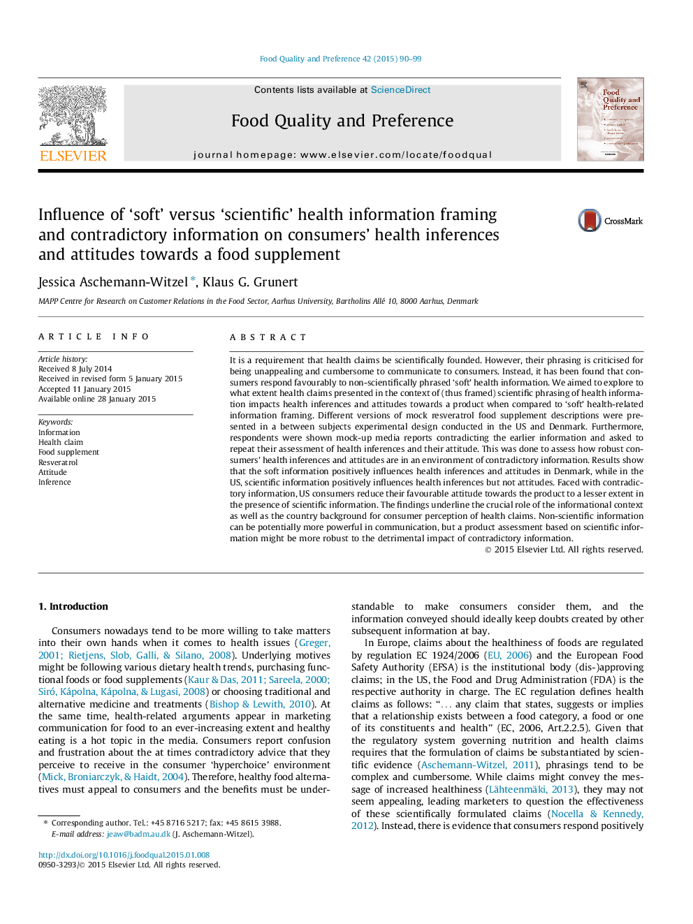 Influence of ‘soft’ versus ‘scientific’ health information framing and contradictory information on consumers’ health inferences and attitudes towards a food supplement