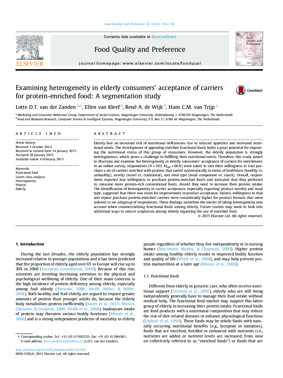 Examining heterogeneity in elderly consumers’ acceptance of carriers for protein-enriched food: A segmentation study