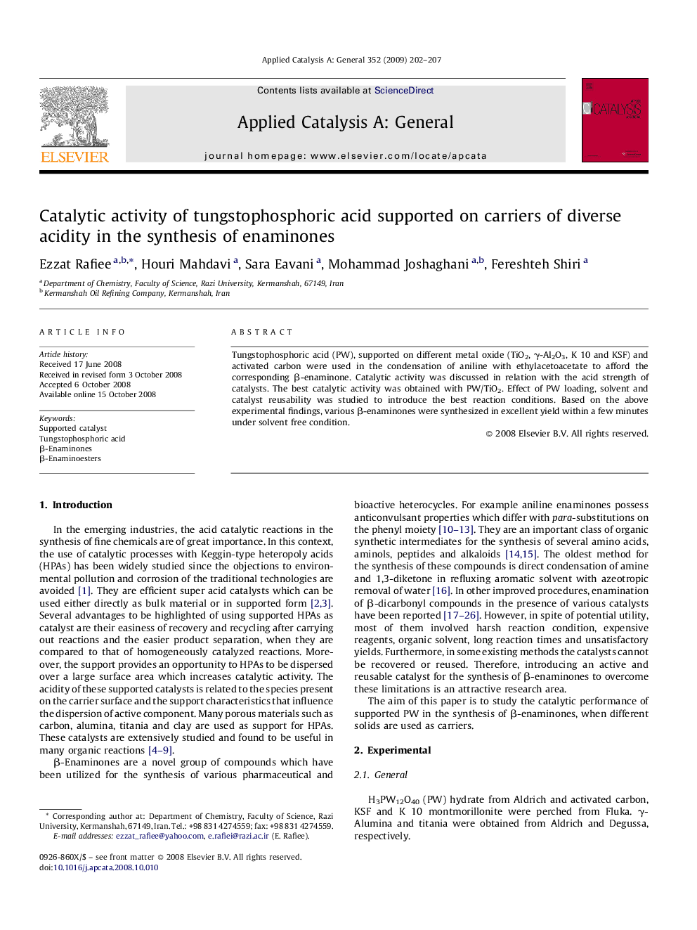 Catalytic activity of tungstophosphoric acid supported on carriers of diverse acidity in the synthesis of enaminones