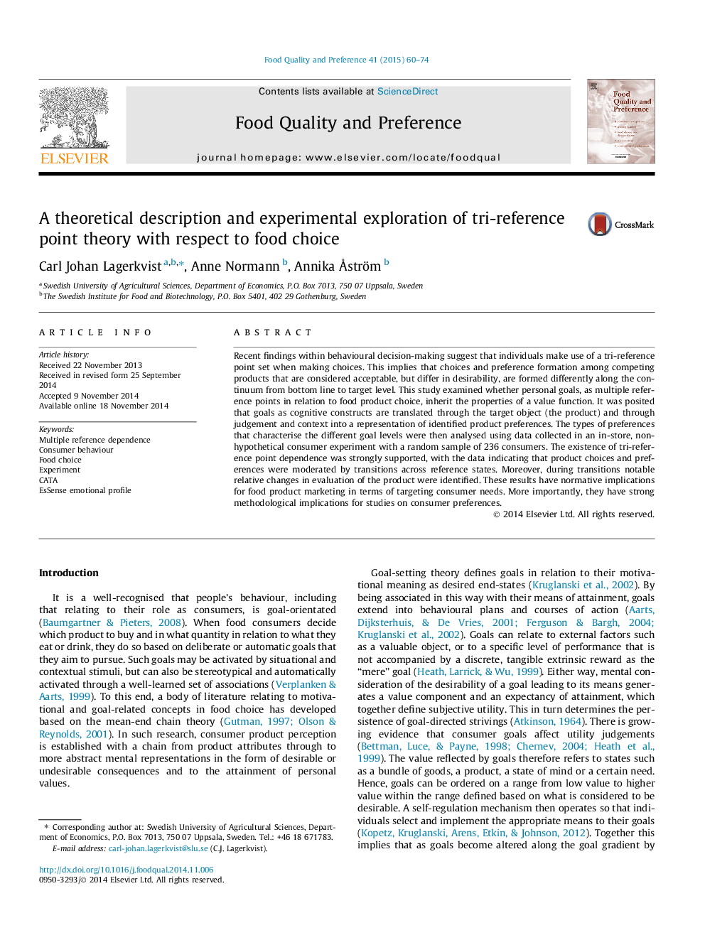 A theoretical description and experimental exploration of tri-reference point theory with respect to food choice