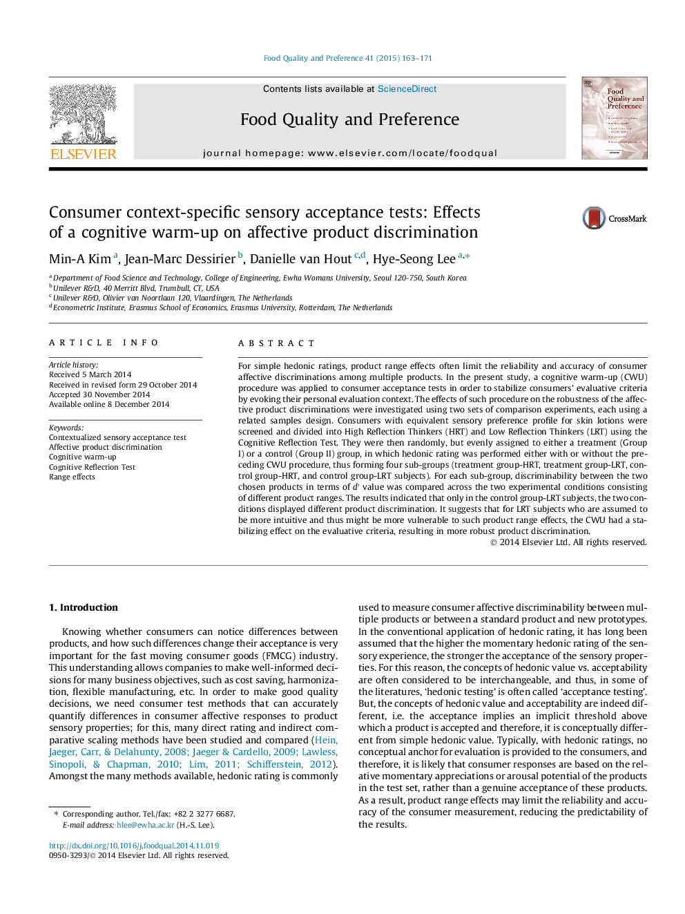 Consumer context-specific sensory acceptance tests: Effects of a cognitive warm-up on affective product discrimination