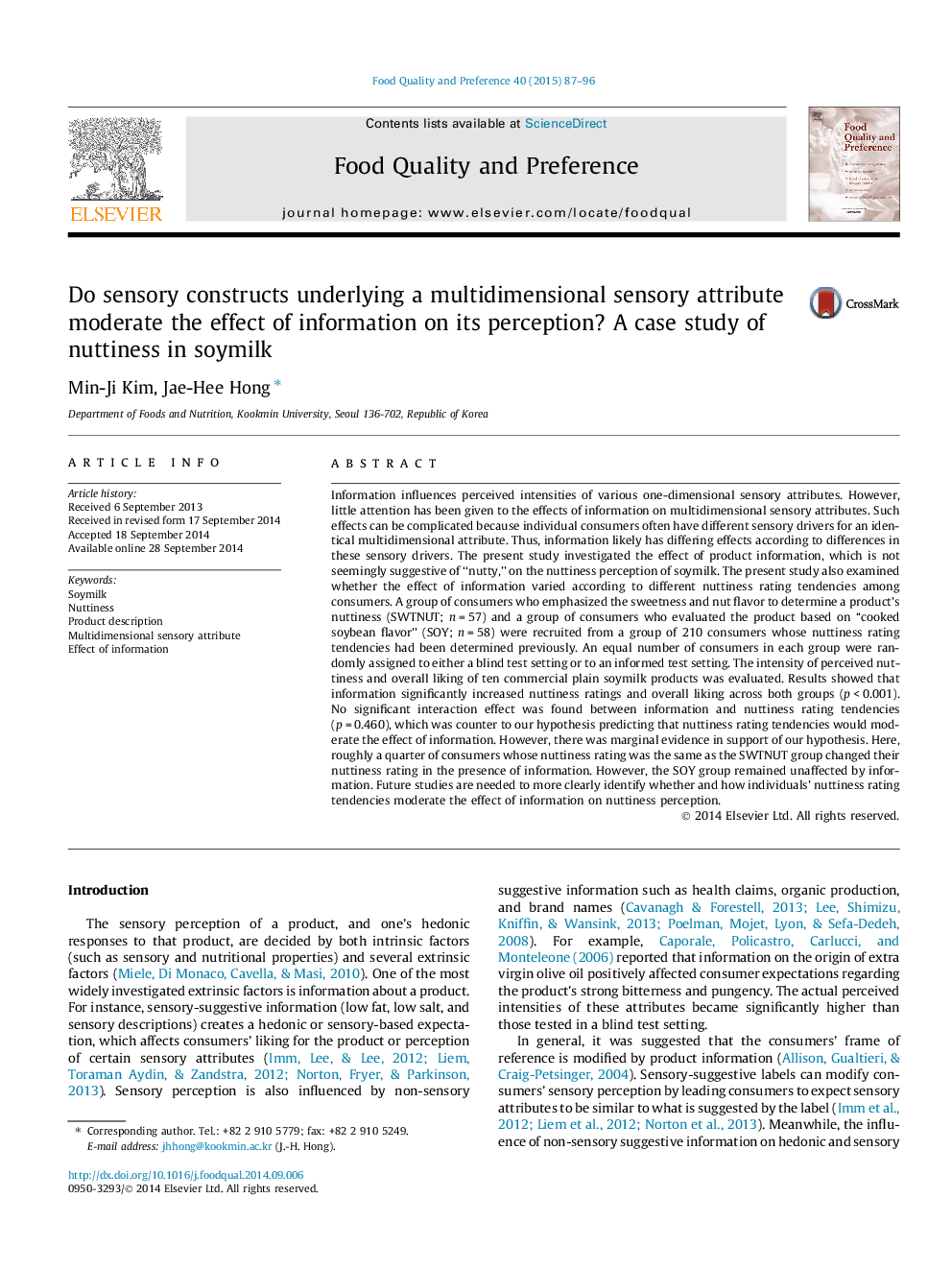 Do sensory constructs underlying a multidimensional sensory attribute moderate the effect of information on its perception? A case study of nuttiness in soymilk