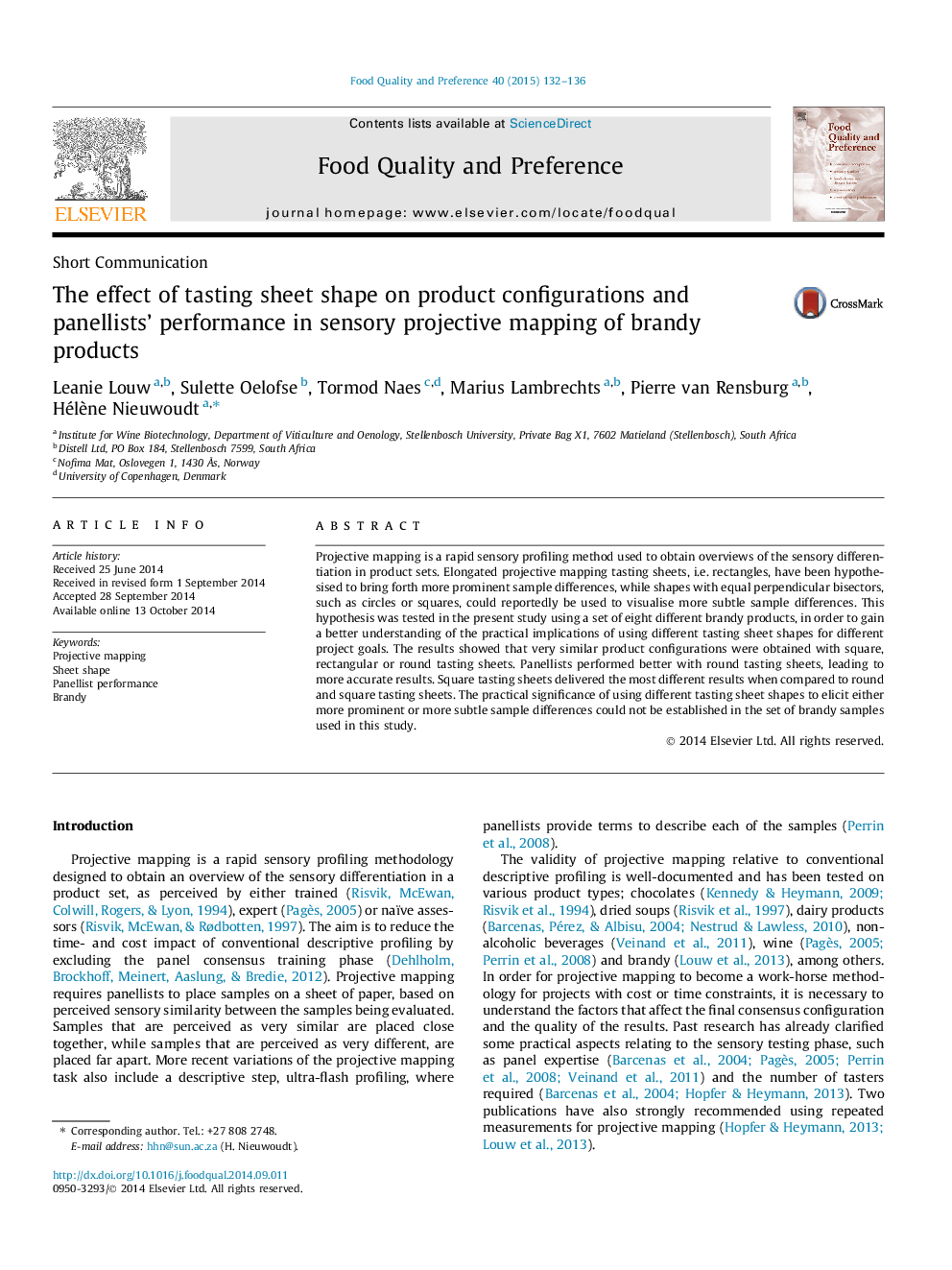 The effect of tasting sheet shape on product configurations and panellists’ performance in sensory projective mapping of brandy products