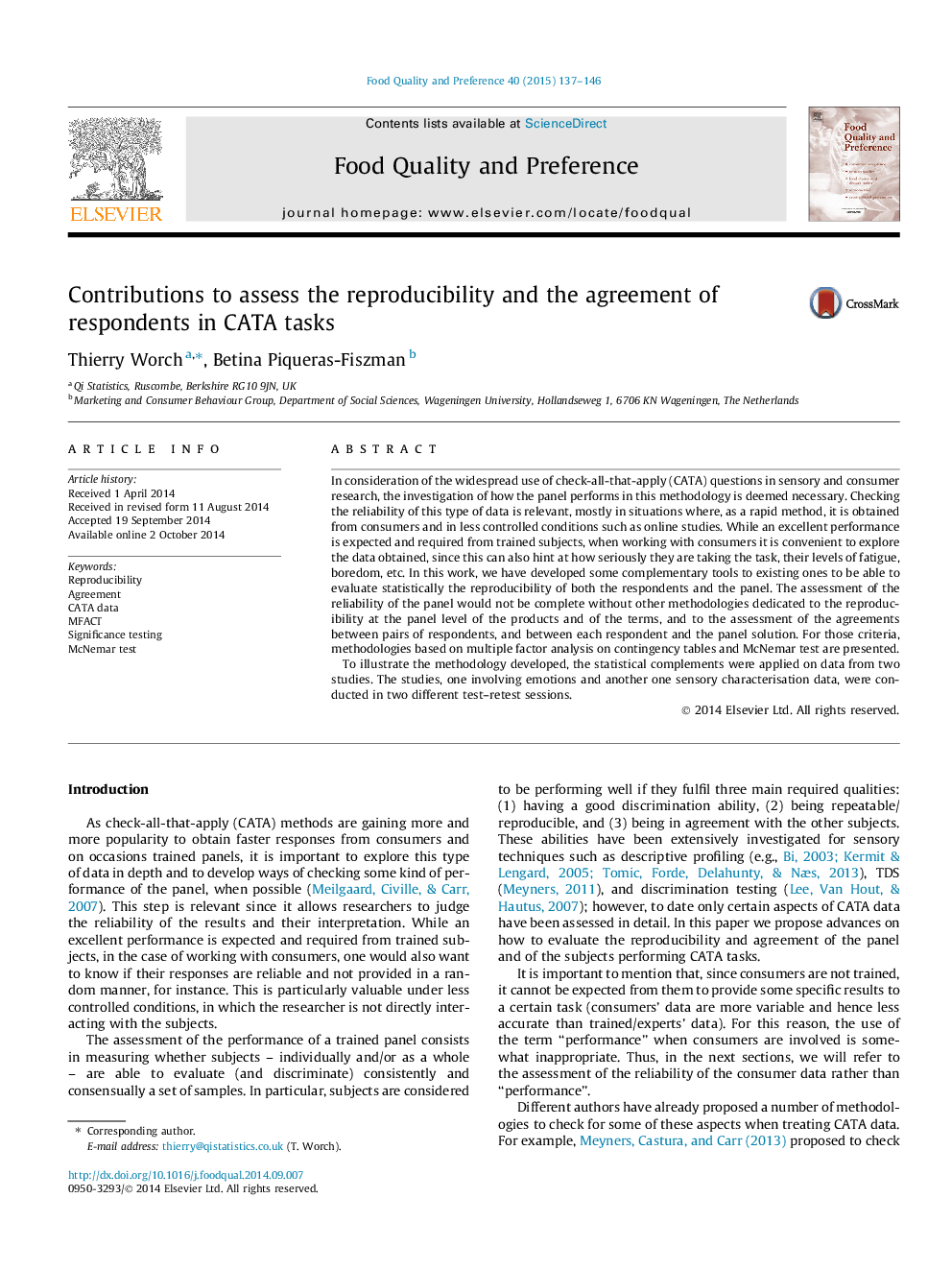 Contributions to assess the reproducibility and the agreement of respondents in CATA tasks