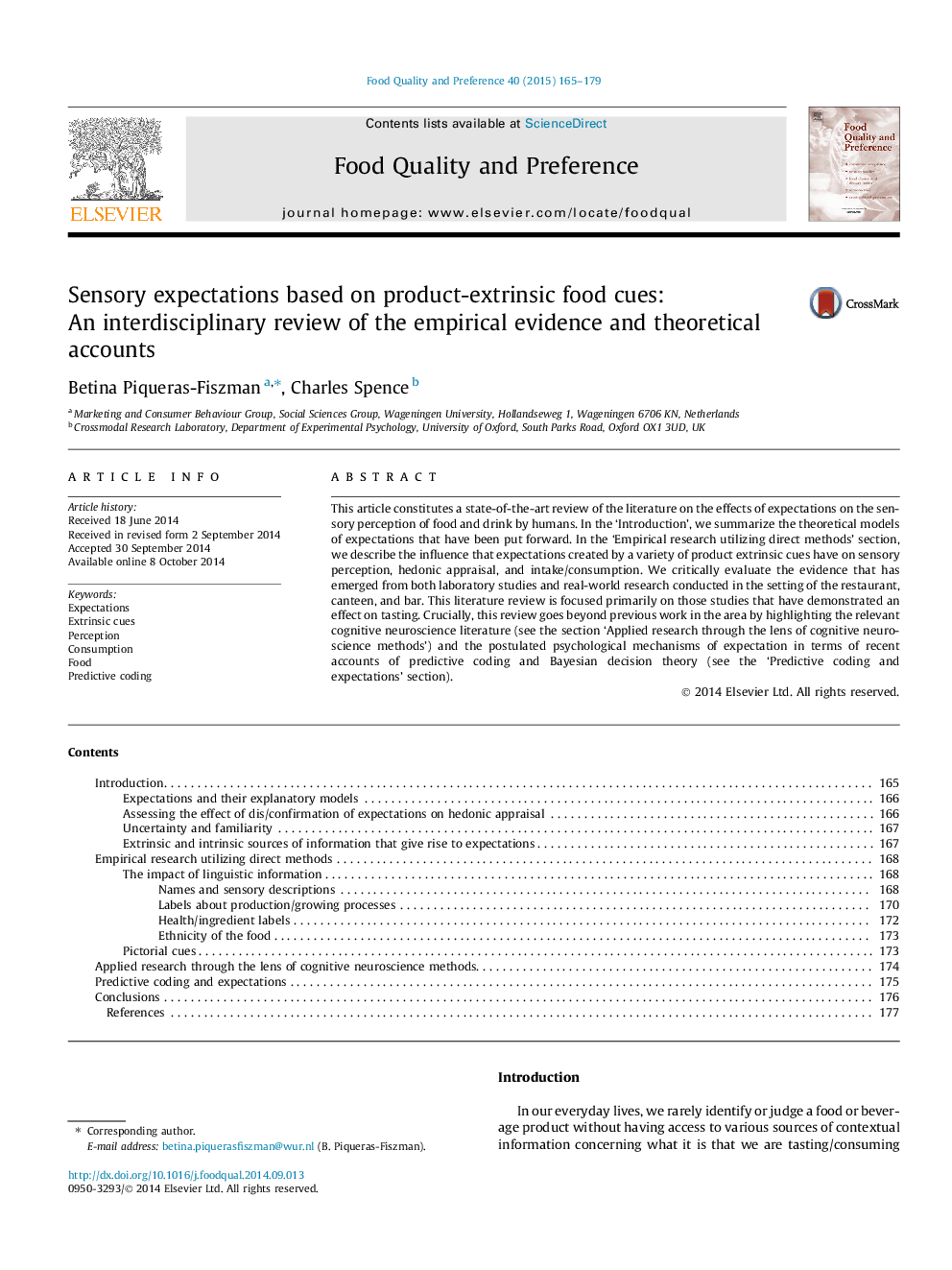 Sensory expectations based on product-extrinsic food cues: An interdisciplinary review of the empirical evidence and theoretical accounts