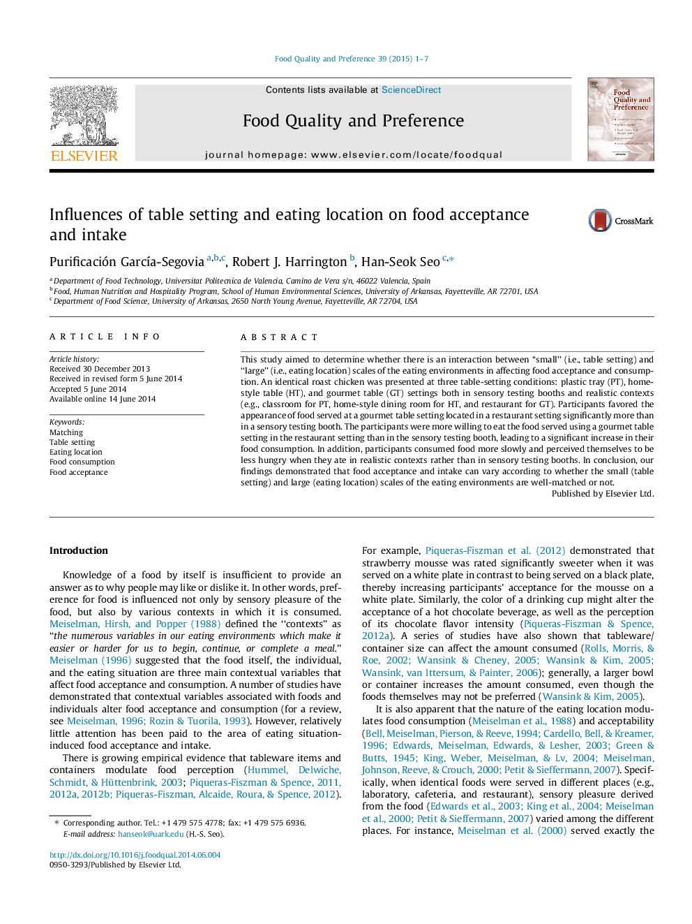 Influences of table setting and eating location on food acceptance and intake