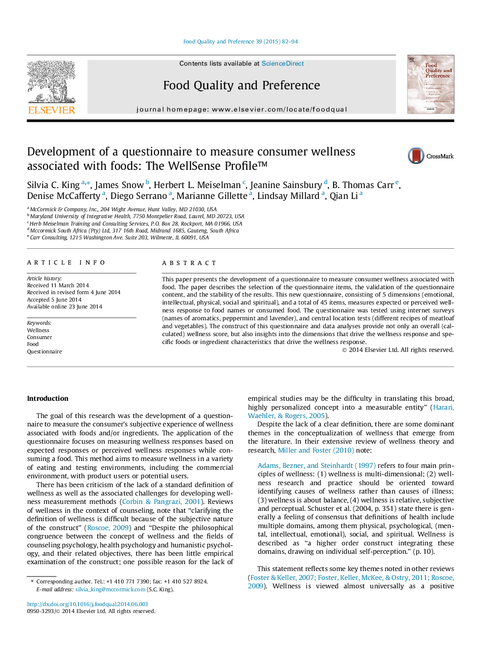 Development of a questionnaire to measure consumer wellness associated with foods: The WellSense Profile™