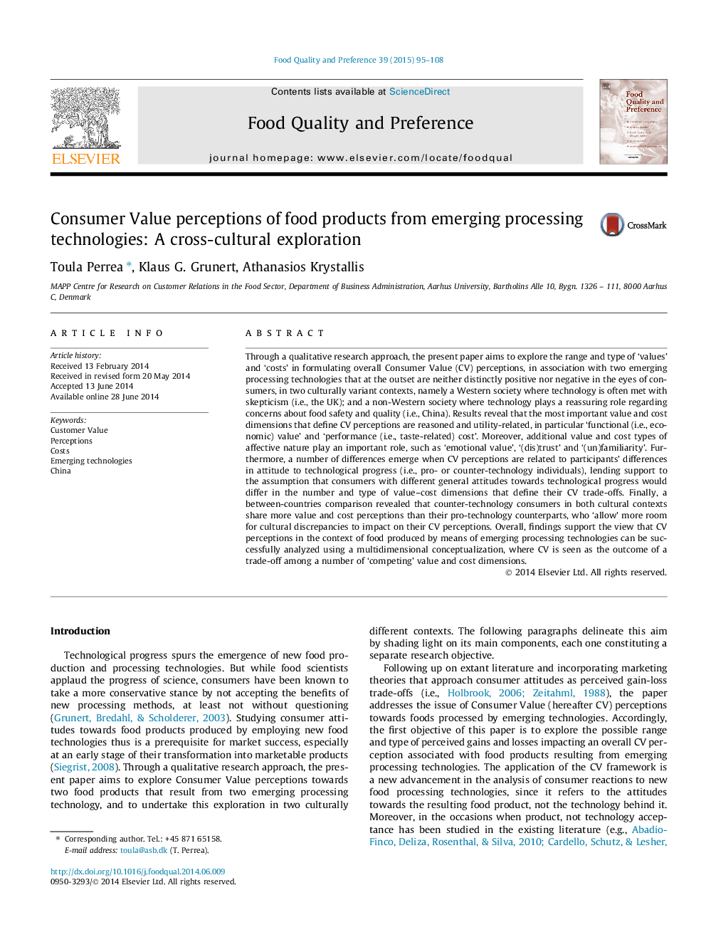 Consumer Value perceptions of food products from emerging processing technologies: A cross-cultural exploration