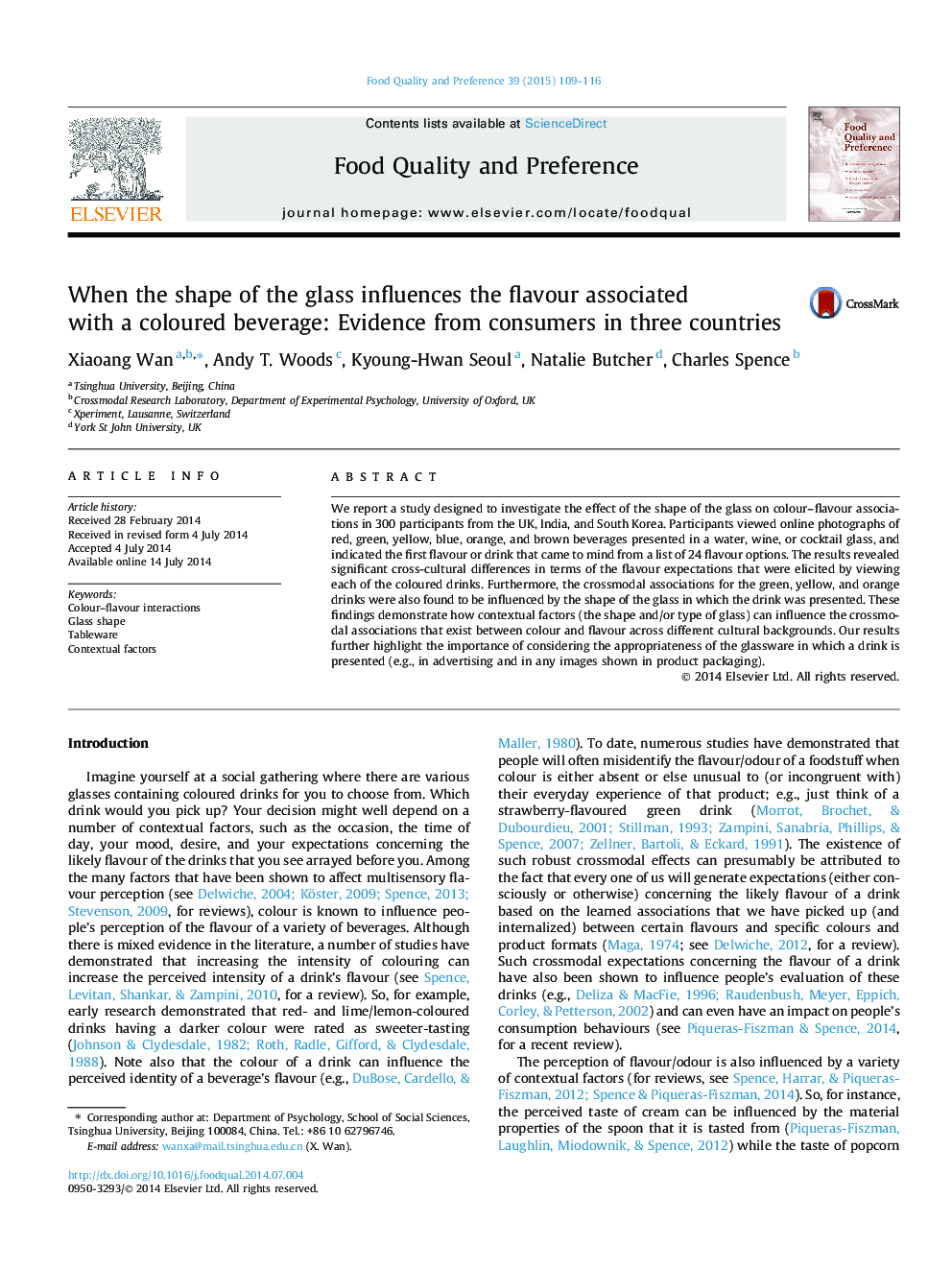 When the shape of the glass influences the flavour associated with a coloured beverage: Evidence from consumers in three countries