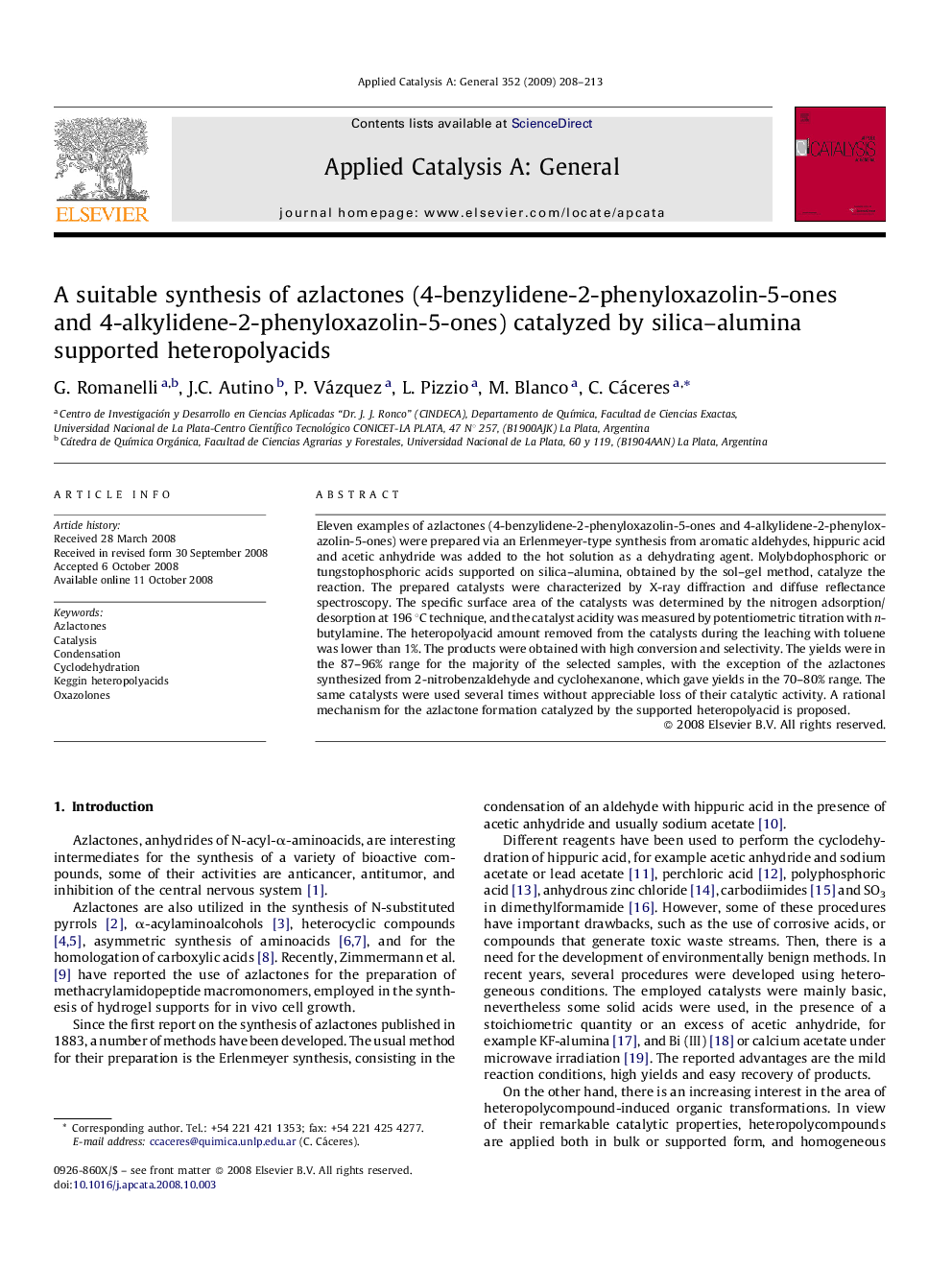 A suitable synthesis of azlactones (4-benzylidene-2-phenyloxazolin-5-ones and 4-alkylidene-2-phenyloxazolin-5-ones) catalyzed by silica–alumina supported heteropolyacids