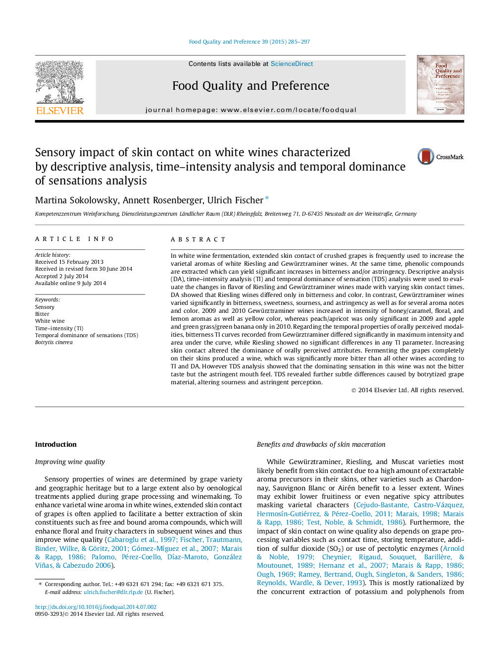 Sensory impact of skin contact on white wines characterized by descriptive analysis, time–intensity analysis and temporal dominance of sensations analysis