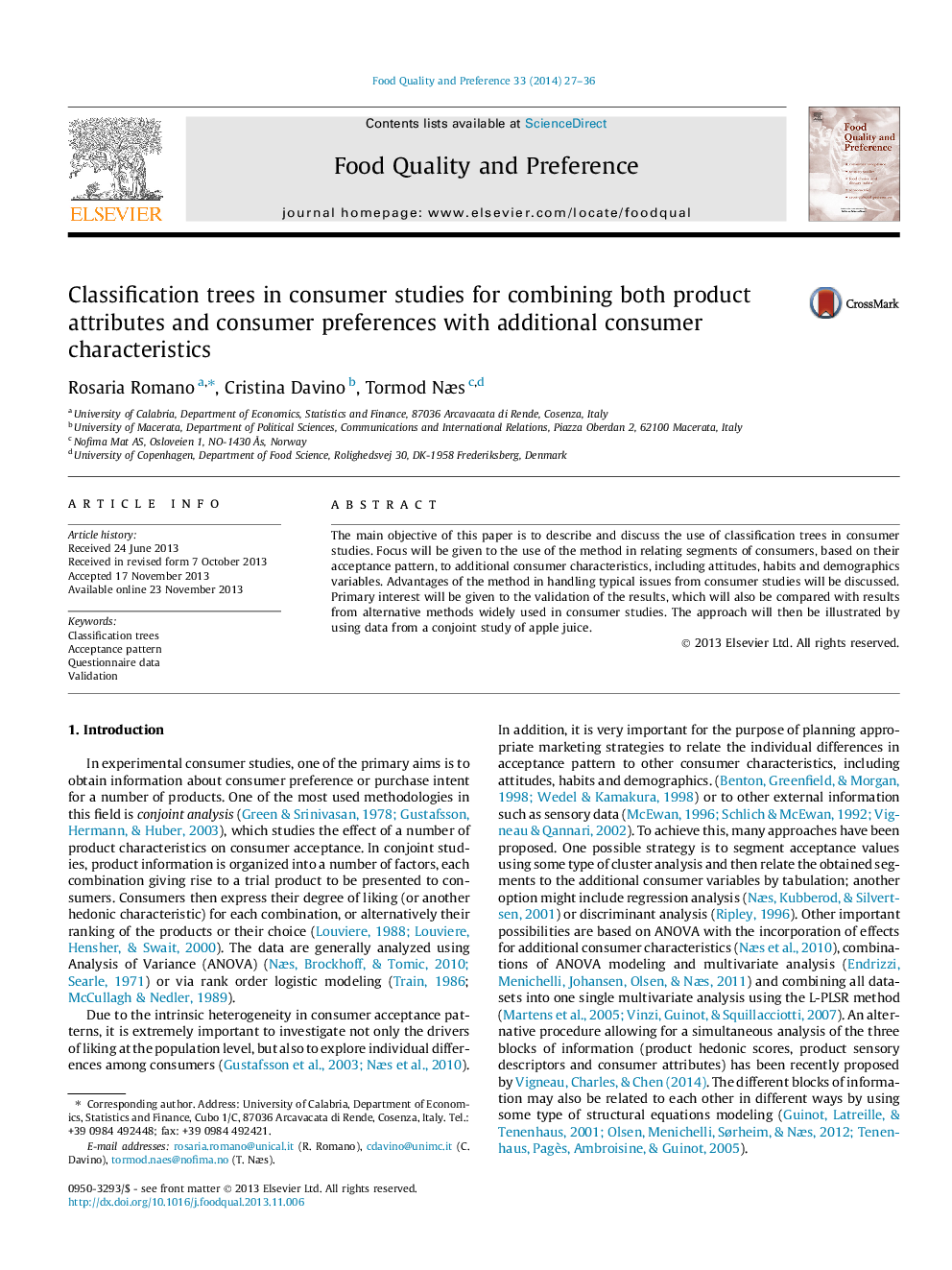 Classification trees in consumer studies for combining both product attributes and consumer preferences with additional consumer characteristics