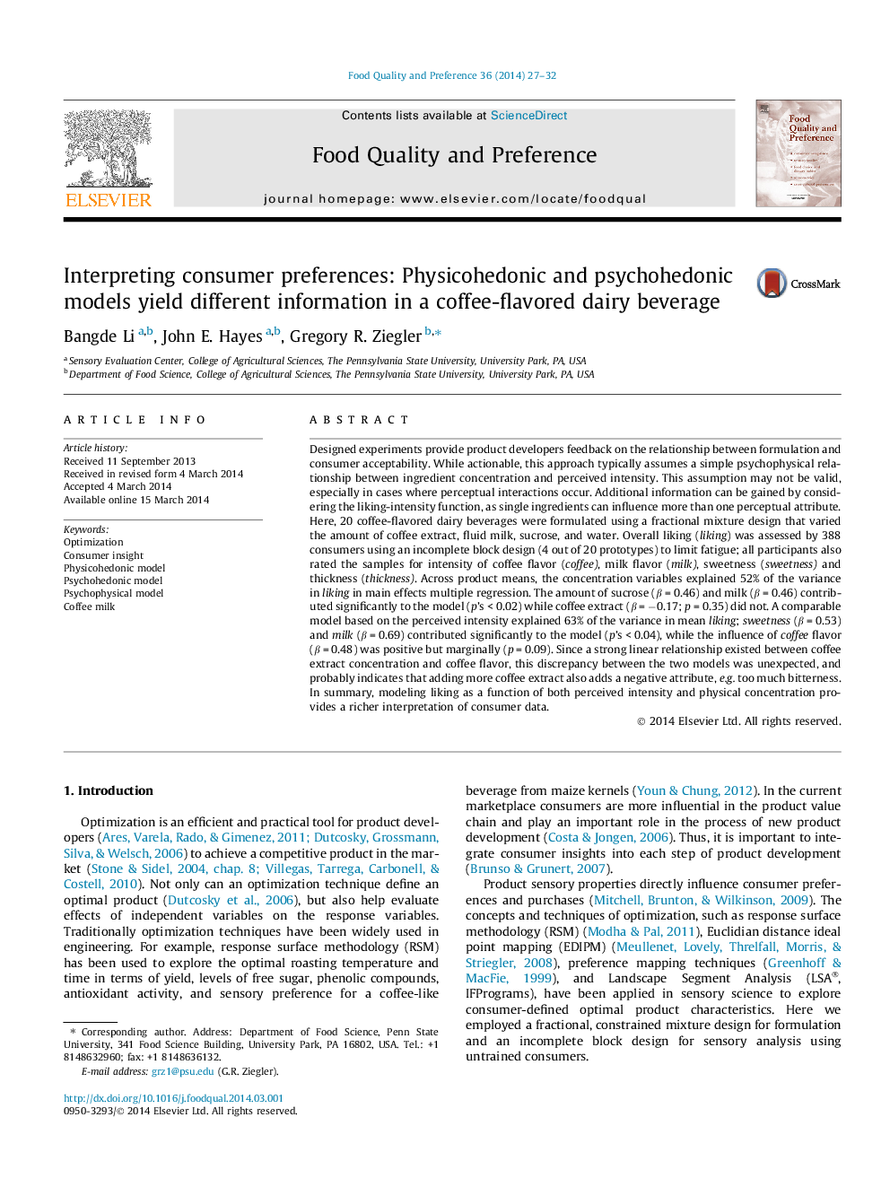 Interpreting consumer preferences: Physicohedonic and psychohedonic models yield different information in a coffee-flavored dairy beverage