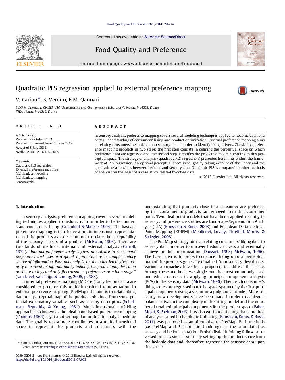 Quadratic PLS regression applied to external preference mapping