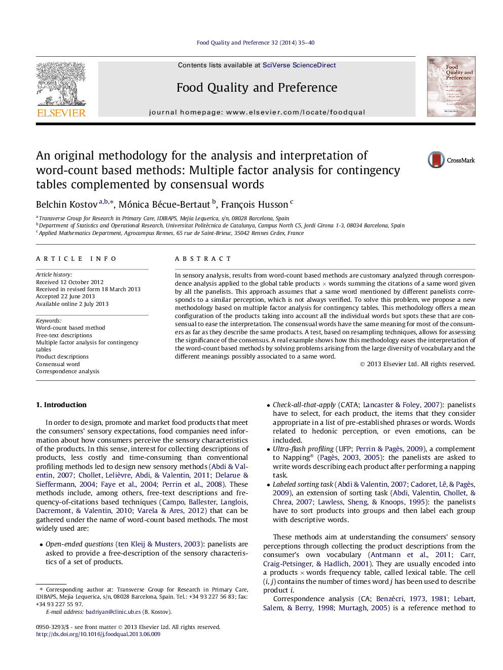 An original methodology for the analysis and interpretation of word-count based methods: Multiple factor analysis for contingency tables complemented by consensual words