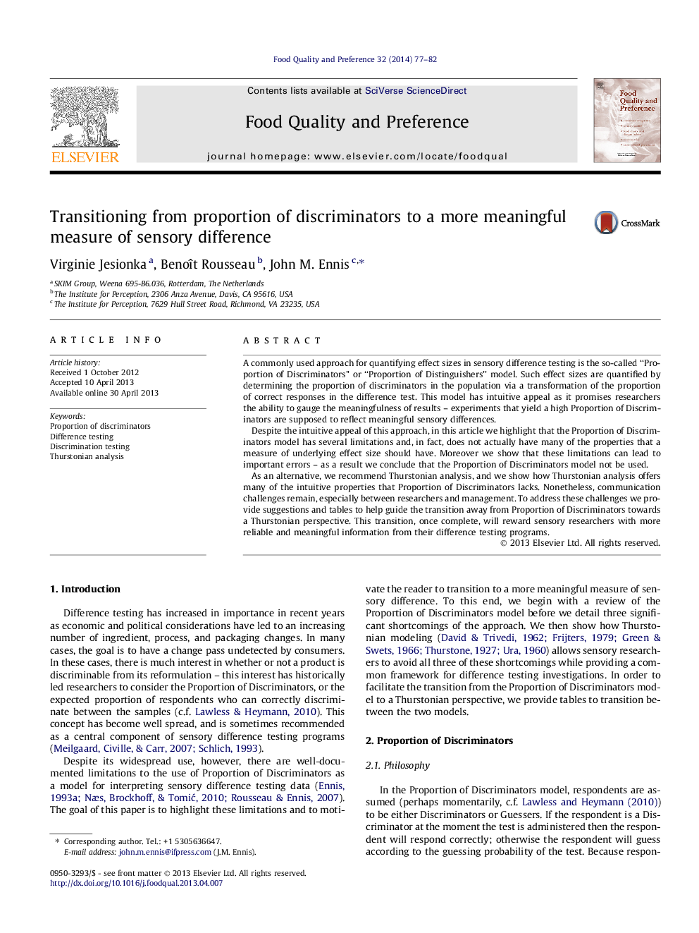 Transitioning from proportion of discriminators to a more meaningful measure of sensory difference