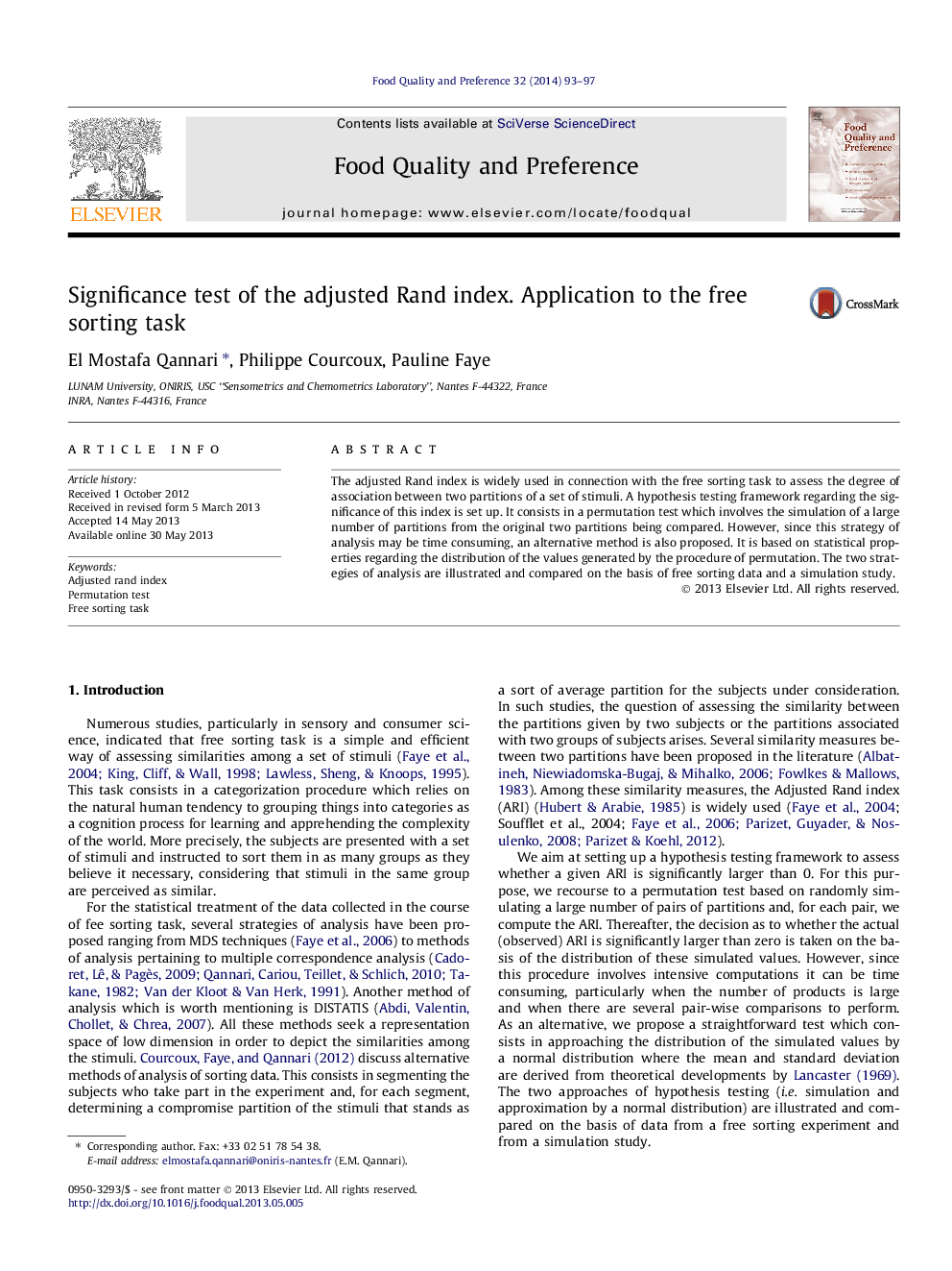 Significance test of the adjusted Rand index. Application to the free sorting task