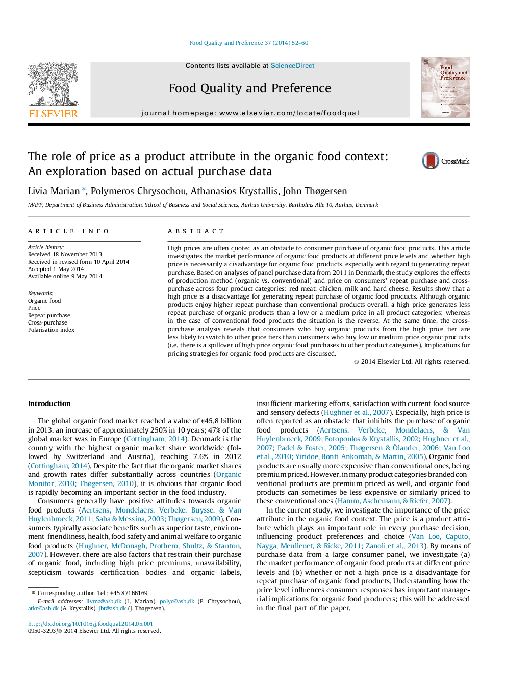 The role of price as a product attribute in the organic food context: An exploration based on actual purchase data