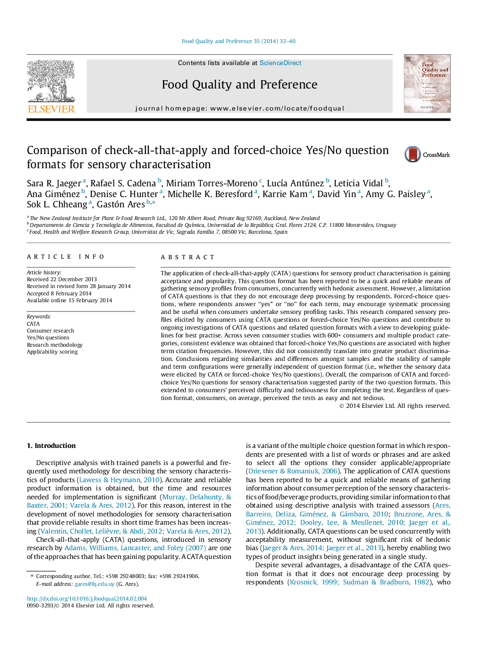 Comparison of check-all-that-apply and forced-choice Yes/No question formats for sensory characterisation