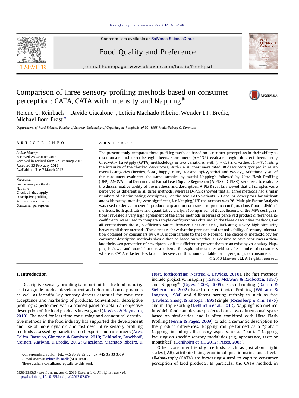 Comparison of three sensory profiling methods based on consumer perception: CATA, CATA with intensity and Napping®