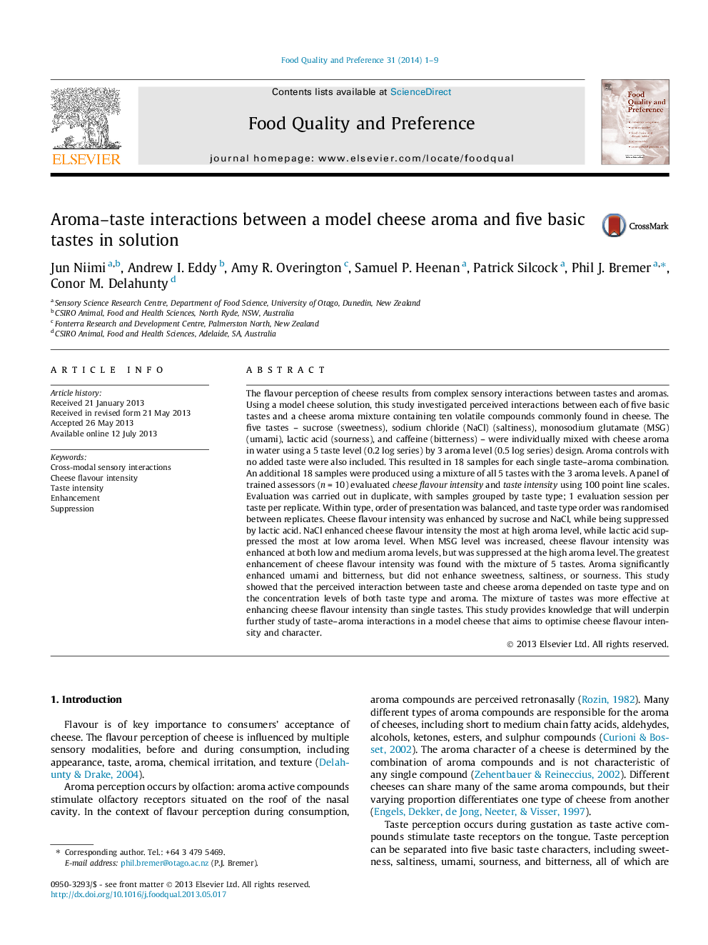 Aroma–taste interactions between a model cheese aroma and five basic tastes in solution