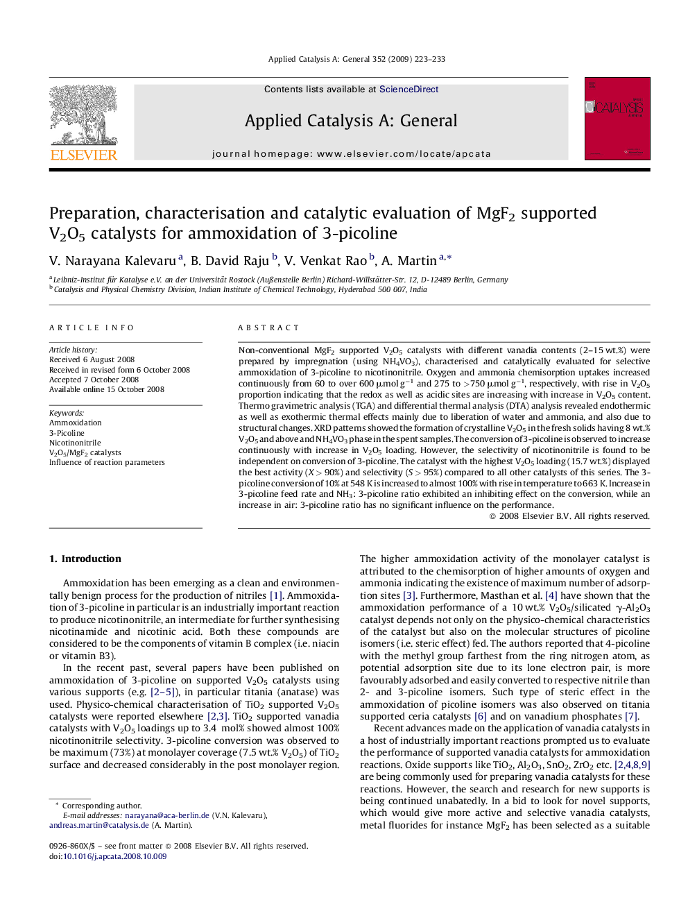 Preparation, characterisation and catalytic evaluation of MgF2 supported V2O5 catalysts for ammoxidation of 3-picoline