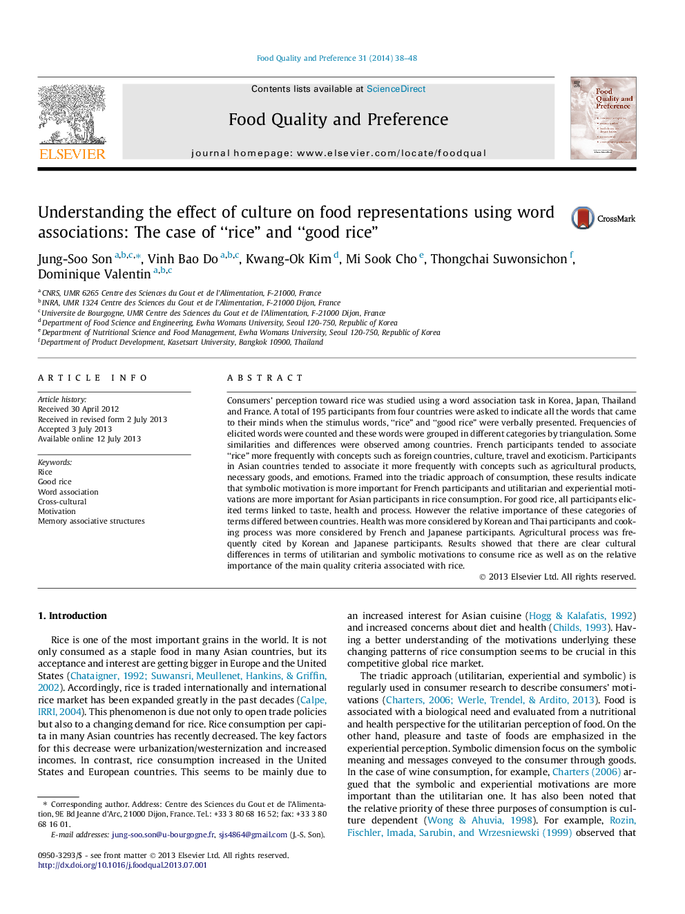 Understanding the effect of culture on food representations using word associations: The case of “rice” and “good rice”