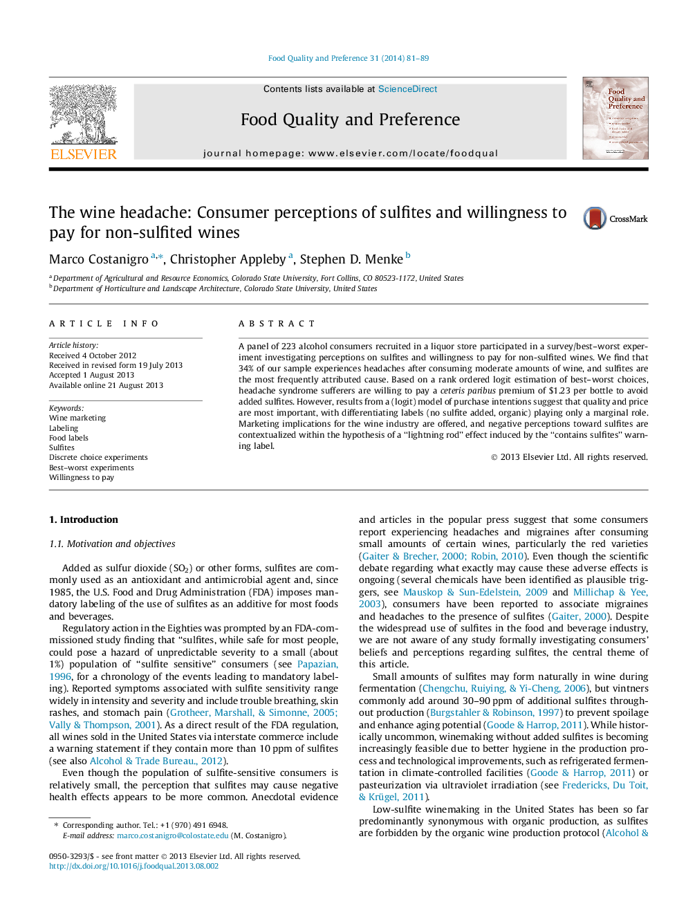 The wine headache: Consumer perceptions of sulfites and willingness to pay for non-sulfited wines