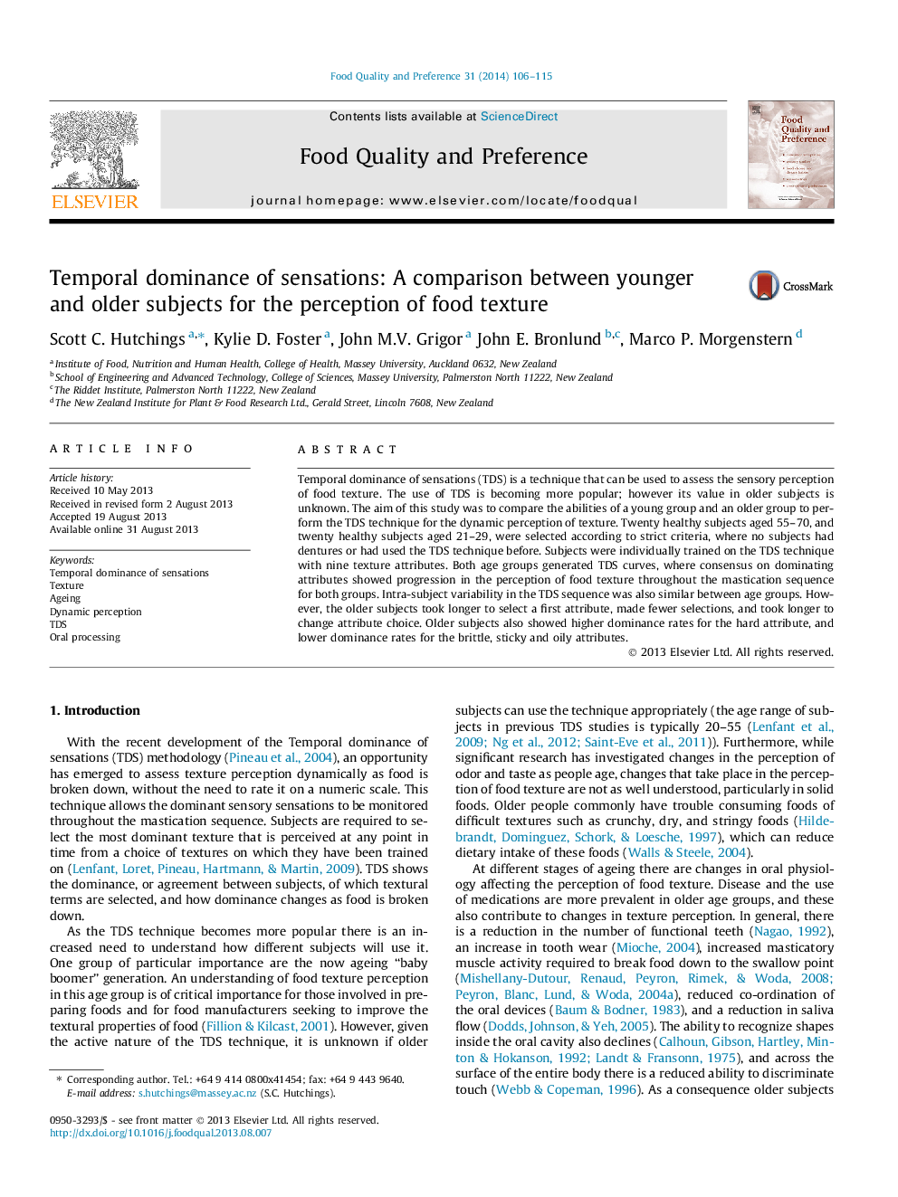 Temporal dominance of sensations: A comparison between younger and older subjects for the perception of food texture