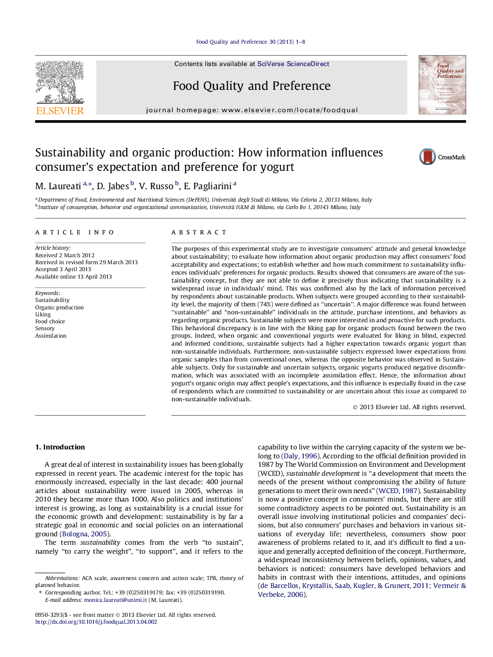 Sustainability and organic production: How information influences consumer’s expectation and preference for yogurt