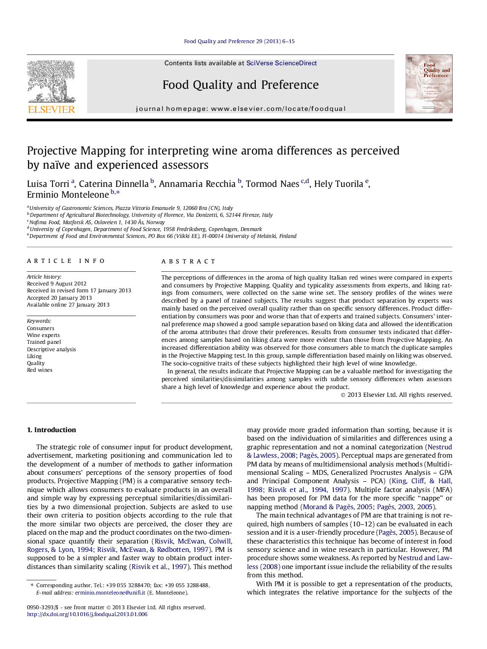 Projective Mapping for interpreting wine aroma differences as perceived by naïve and experienced assessors