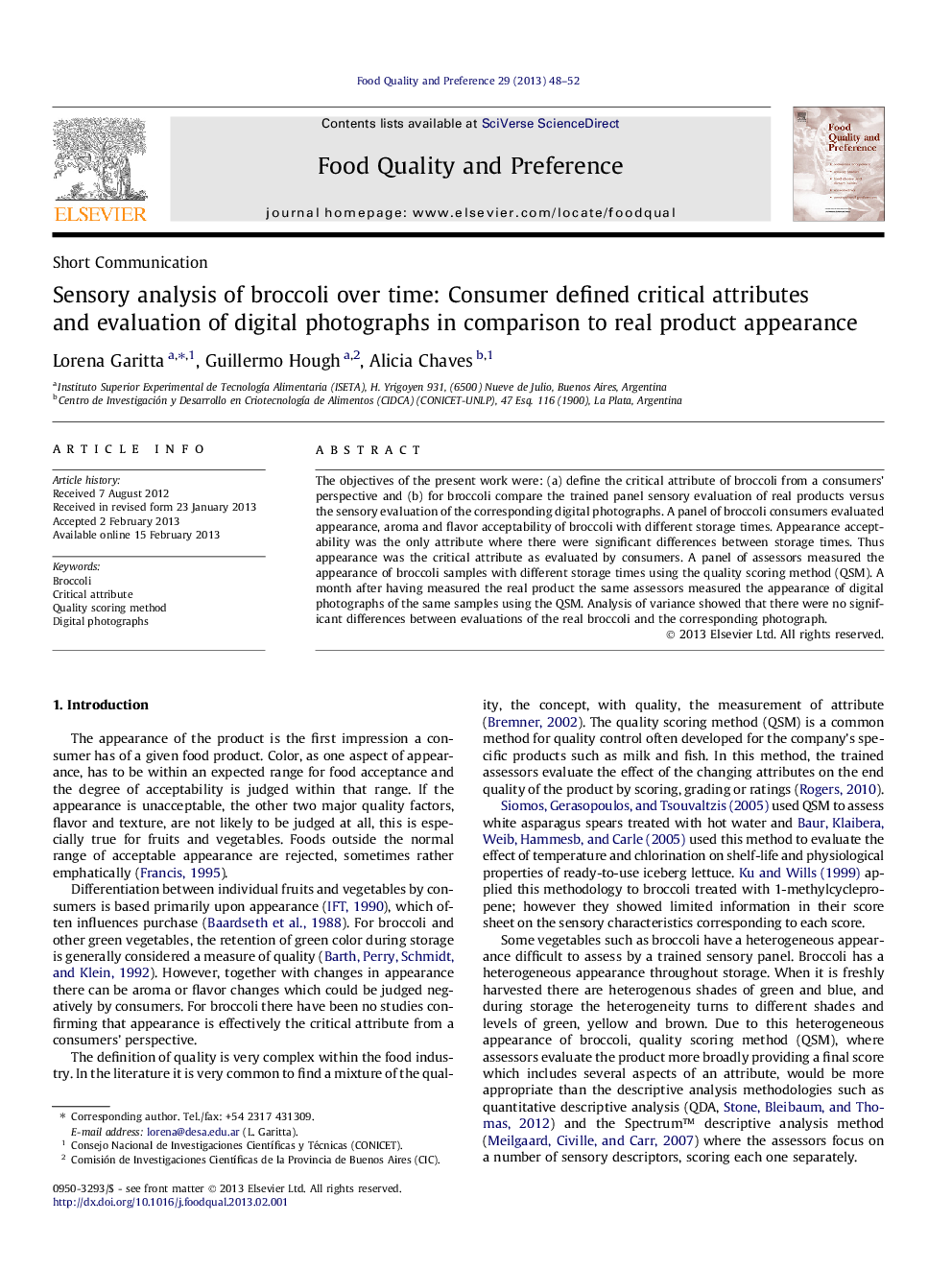 Sensory analysis of broccoli over time: Consumer defined critical attributes and evaluation of digital photographs in comparison to real product appearance