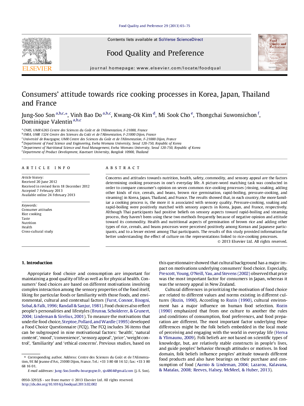 Consumers’ attitude towards rice cooking processes in Korea, Japan, Thailand and France