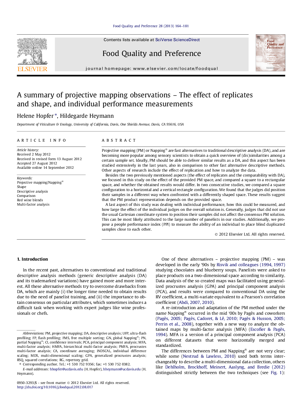 A summary of projective mapping observations – The effect of replicates and shape, and individual performance measurements