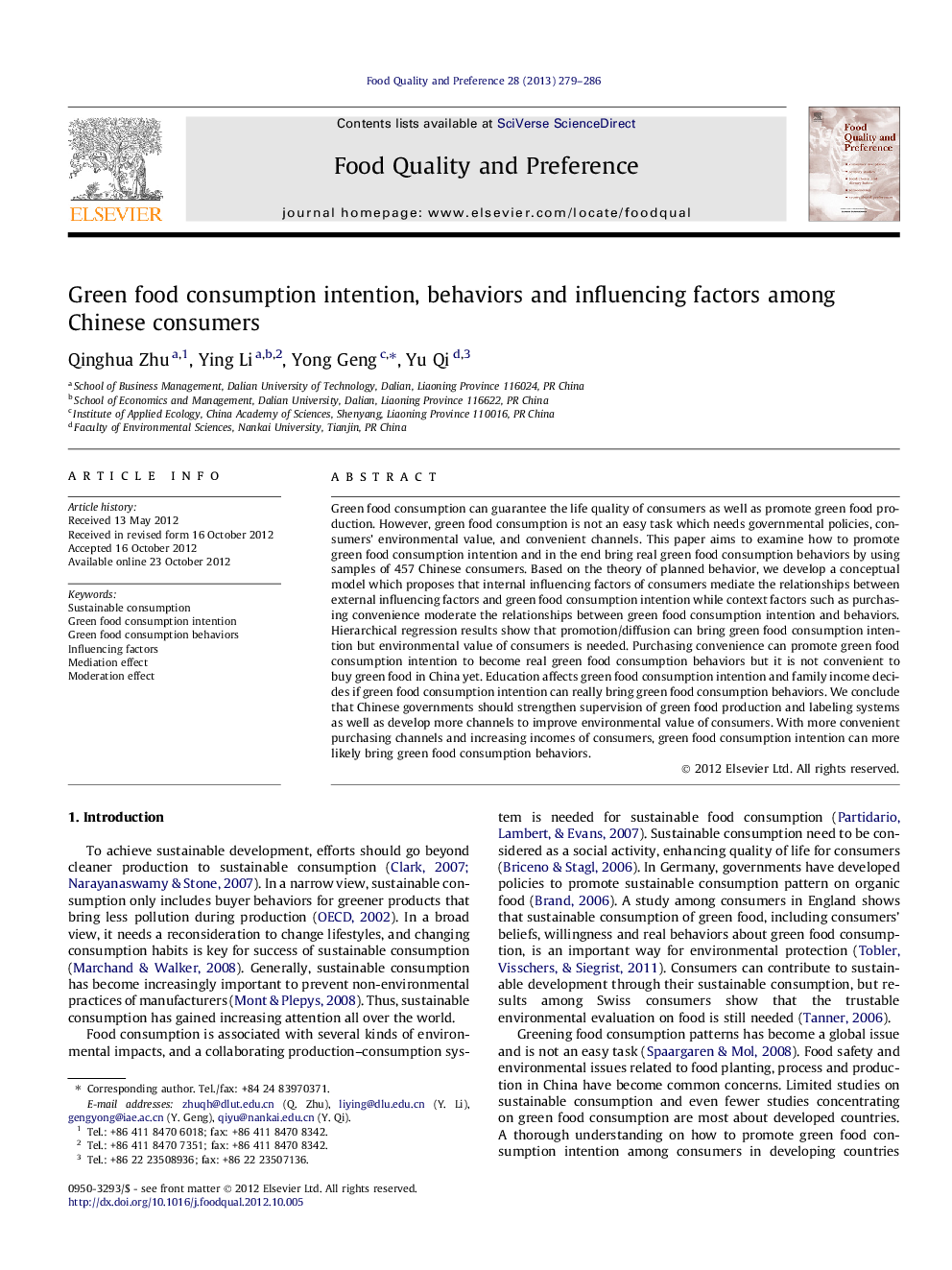 Green food consumption intention, behaviors and influencing factors among Chinese consumers