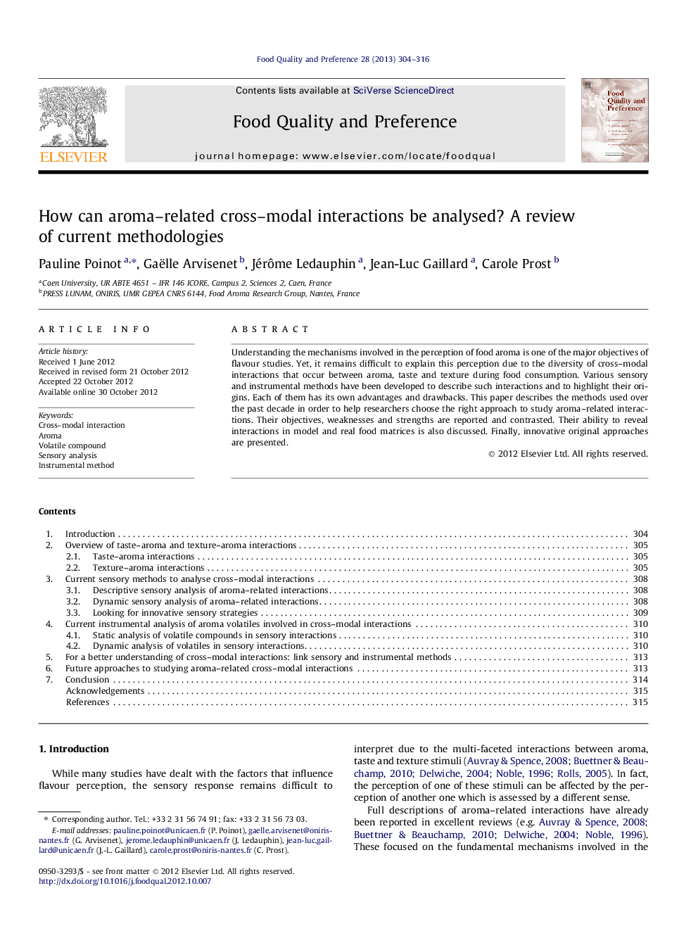 How can aroma–related cross–modal interactions be analysed? A review of current methodologies