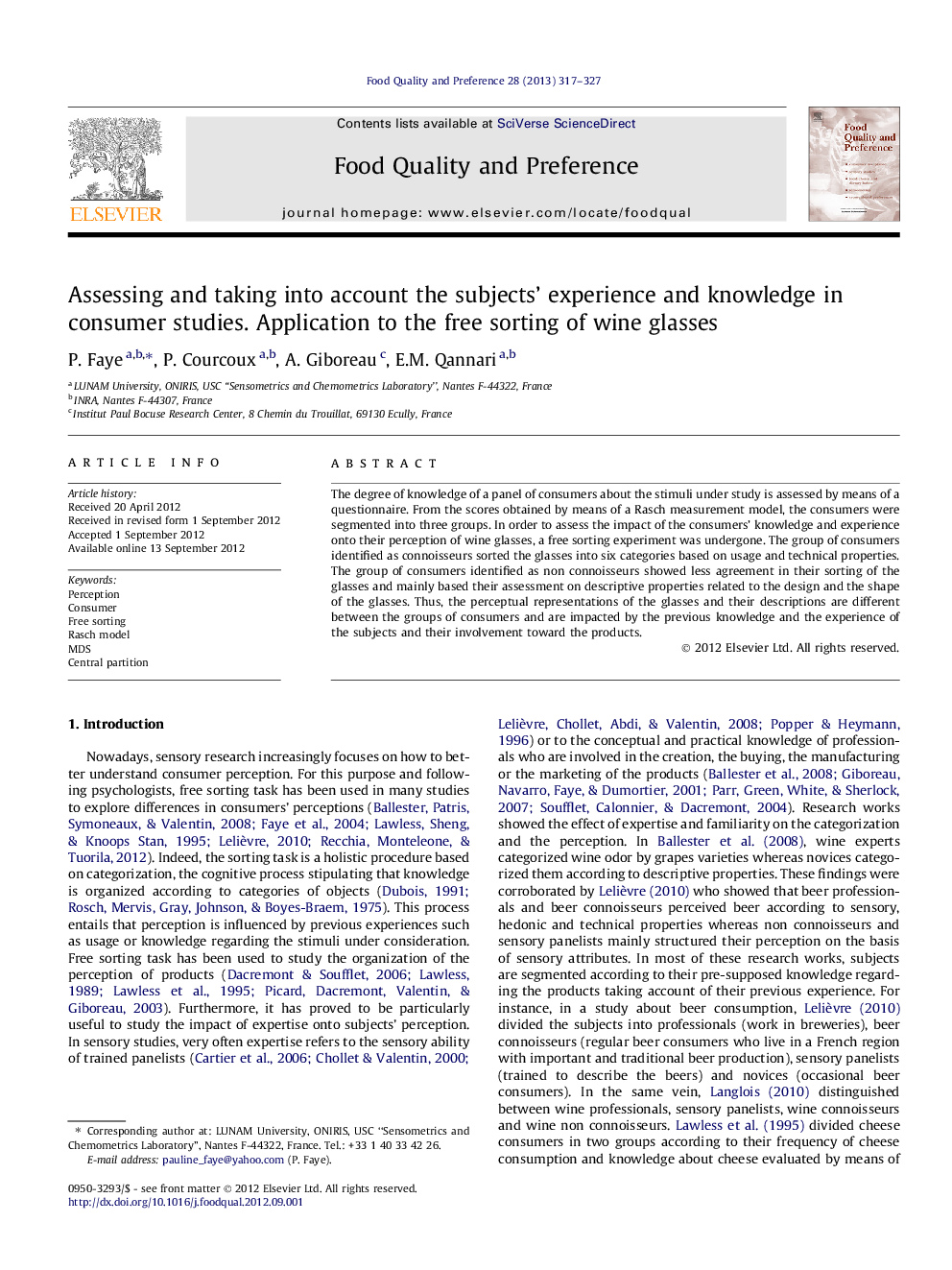 Assessing and taking into account the subjects’ experience and knowledge in consumer studies. Application to the free sorting of wine glasses