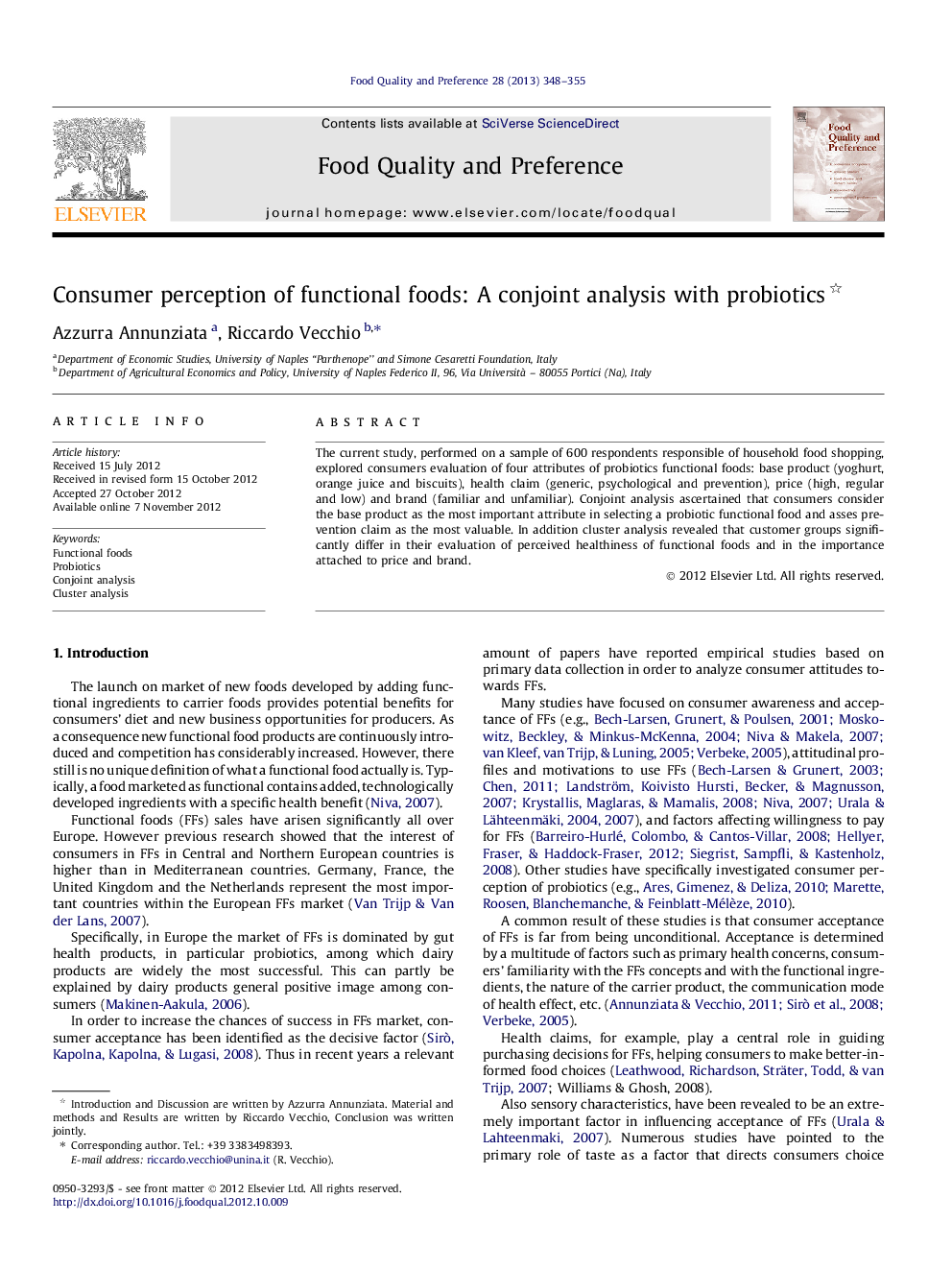 Consumer perception of functional foods: A conjoint analysis with probiotics 