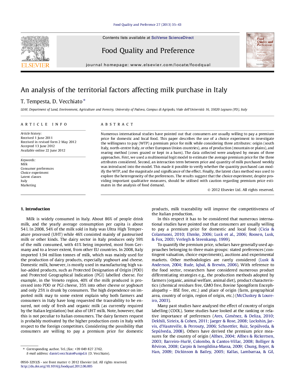 An analysis of the territorial factors affecting milk purchase in Italy