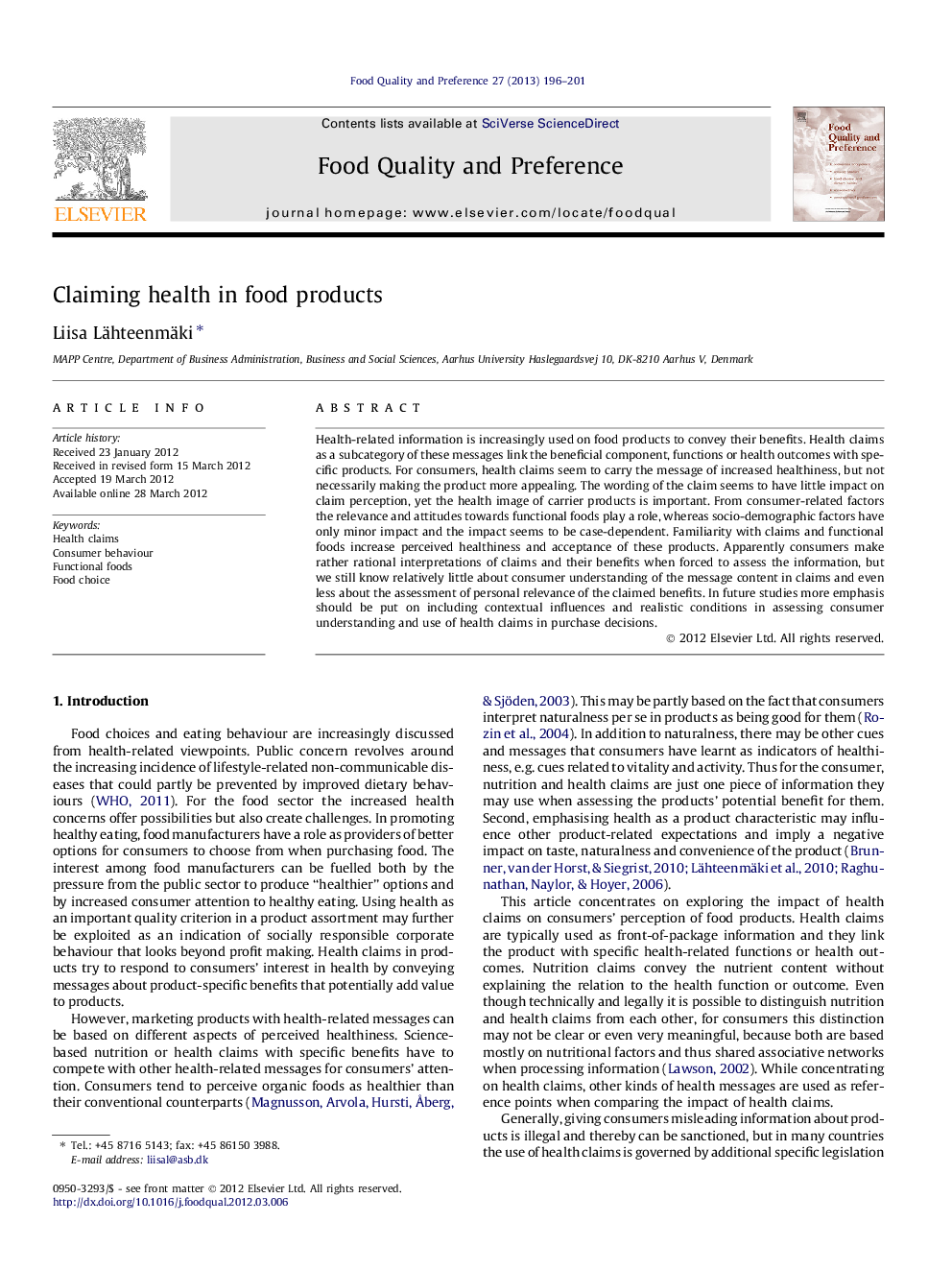 Claiming health in food products