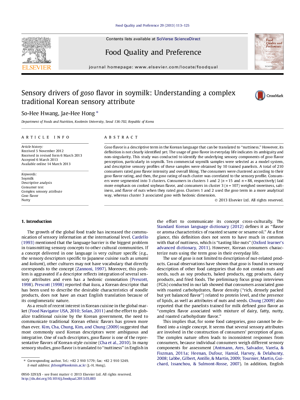 Sensory drivers of goso flavor in soymilk: Understanding a complex traditional Korean sensory attribute