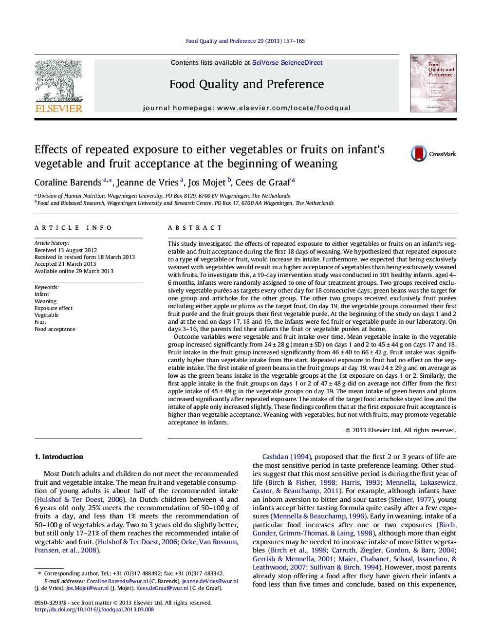 Effects of repeated exposure to either vegetables or fruits on infant’s vegetable and fruit acceptance at the beginning of weaning